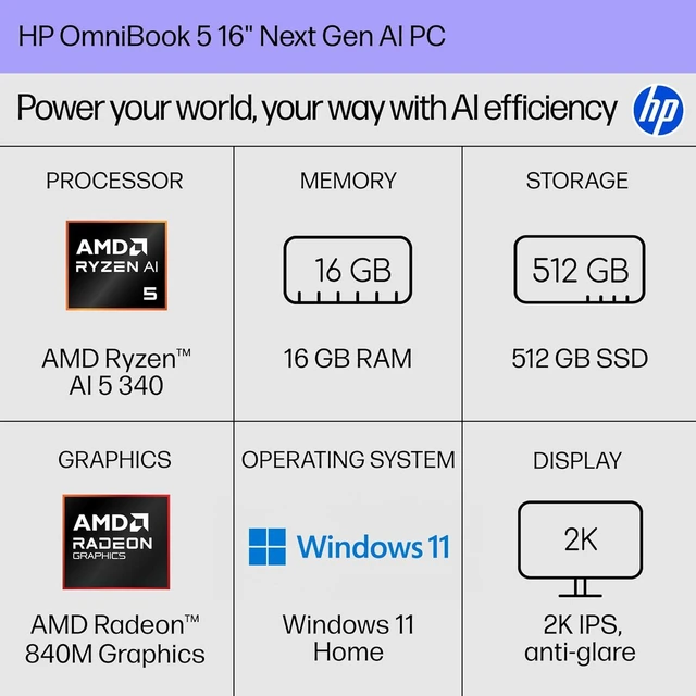 Alt view image 5 of 5 - HP OmniBook 5 16" 2K Display, AMD Ryzen 5 340, 16GB, 512GB, W11H