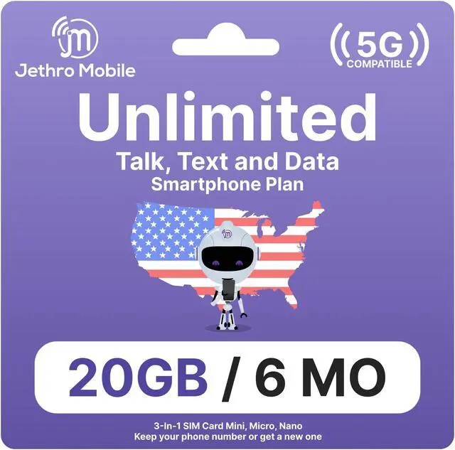 Main image of Jethro Mobile USA Prepaid Sim Card [6 Months] with Unlimited Talk & Text, 20GB High-Speed Data  - Nano Micro Standard 3 in 1