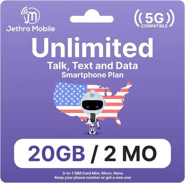 Main image of Jethro Mobile USA Prepaid Sim Card [2 Months] with Unlimited Talk & Text, 20GB High-Speed Data - Nano Micro Standard 3 in 1
