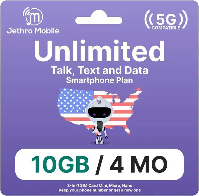 Main image of Jethro Mobile USA Prepaid Sim Card [4 Months] with Unlimited Talk & Text, 10GB High-Speed Data  - Nano Micro Standard 3 in 1