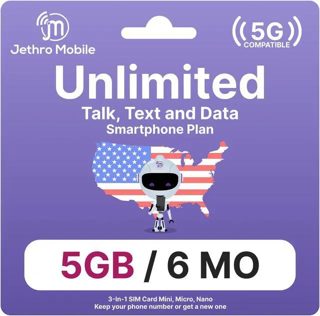 Main image of Jethro Mobile USA Prepaid Sim Card [6 Months] Unlimited Talk & Text, 5GB High-Speed Data - Nano Micro Standard 3 in 1 Activation Kit