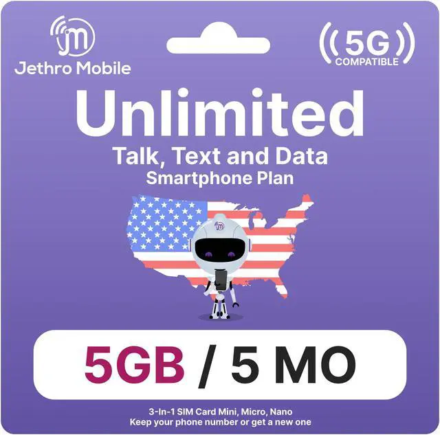 Main image of Jethro Mobile USA Prepaid Sim Card [5 Months] Unlimited Talk & Text, 5GB High-Speed Data - Nano Micro Standard 3 in 1 Activation Kit