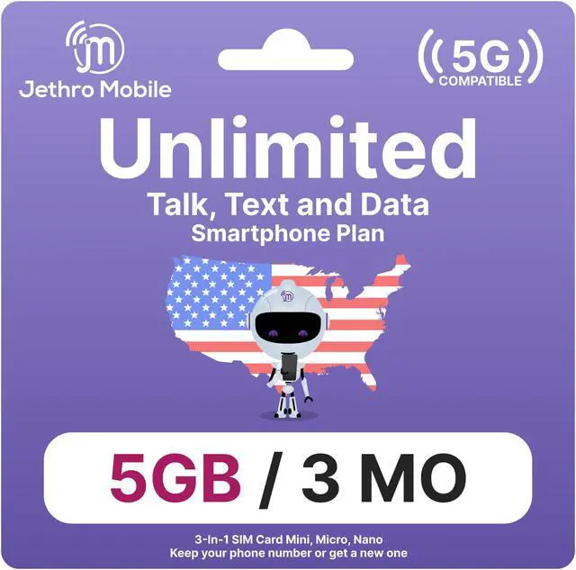 Main image of Jethro Mobile USA Prepaid Sim Card [3 Months] with Unlimited Talk & Text, 5GB High-Speed Data - Nano Micro Standard 3 in 1 Activation Kit