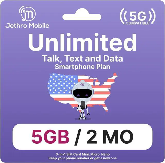 Main image of Jethro Mobile USA Prepaid Sim Card [2 Months], Unlimited Talk & Text, 5GB High-Speed Data - Nano Micro Standard 3 in 1 Activation Kit