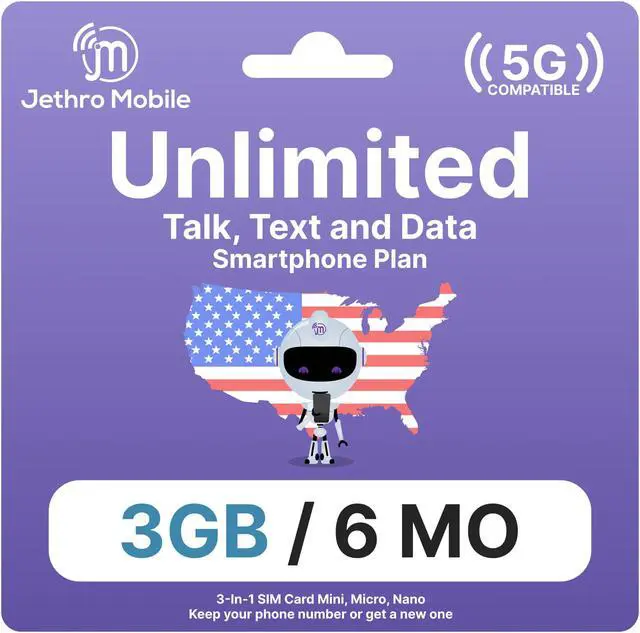 Main image of Jethro Mobile USA Prepaid Sim Card  [6 Months] Unlimited Talk & Text, 3GB Data (5G/4G LTE Speed) - Nano Micro Standard 3 in 1