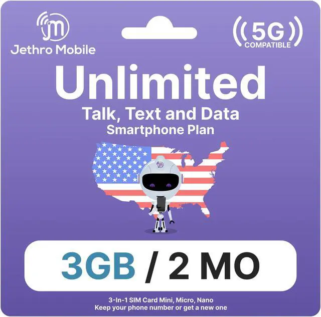 Main image of Jethro Mobile USA Prepaid Sim Card for 2 Months with Unltimited Talk & Text, 3GB Data (5G/4G LTE Speed) - Nano, Micro, Standard 3 in 1