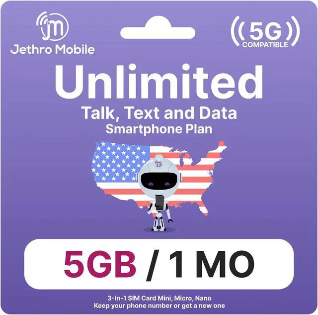 Main image of Jethro Mobile [30 Days] USA Prepaid Sim Card with Unlimited Talk & Text, Data (5GB High Speed) - Nano Micro Standard 3 in 1 Activation Kit