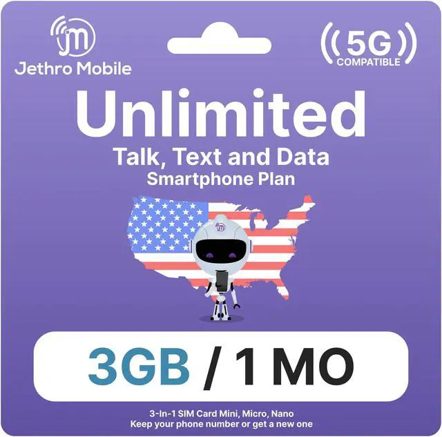 Main image of Jethro Mobile [30 Days] USA Prepaid Sim Card with Unlimited Talk & Text Data (3GB 5G/4G LTE) - Nano Micro Standard 3 in 1