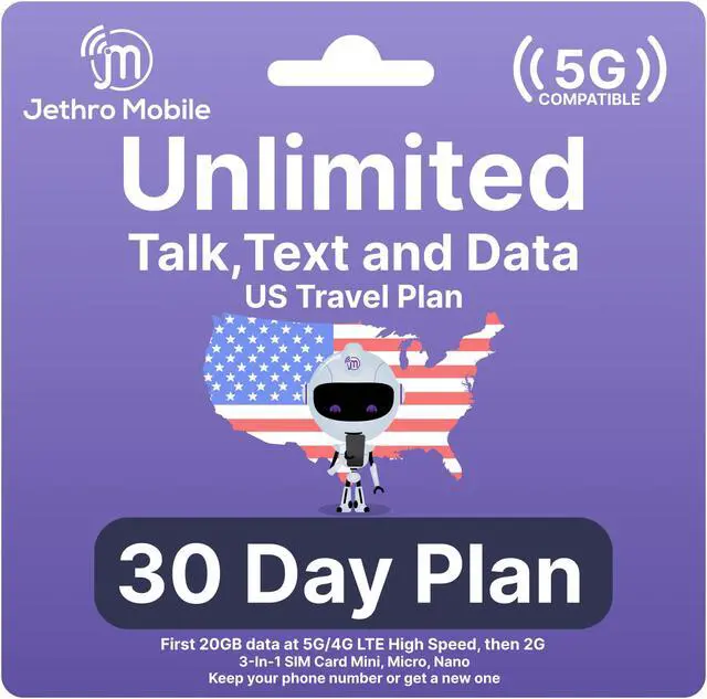 Main image of Jethro Mobile [30 Days] USA Prepaid Sim Card with Unlimited Talk & Text, Data - Nano Micro Standard 3 in 1 Activation Kit