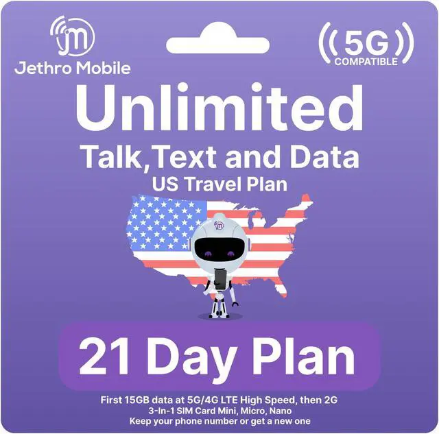 Main image of Jethro Mobile [21 Days] USA Prepaid Sim Card with Unlimited Talk & Text, Data - Nano Micro Standard 3 in 1 Activation Kit