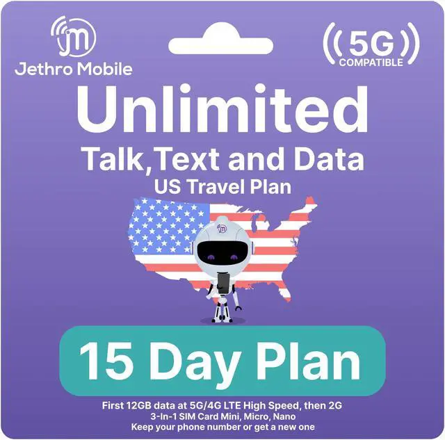 Main image of Jethro Mobile [15 Days] USA Prepaid Sim Card with Unlimited Talk & Text, Data - Nano Micro Standard 3 in 1 Activation Kit
