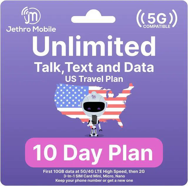 Main image of Jethro Mobile [10 Days] USA Prepaid Sim Card with Unlimited Talk & Text, Data - Nano Micro Standard 3 in 1 Activation Kit