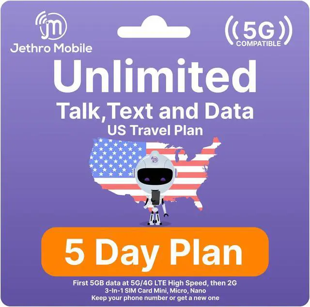Main image of Jethro Mobile [5 Days] USA Prepaid Sim Card with Unlimited Talk & Text, Data - Nano Micro Standard 3 in 1 Activation Kit