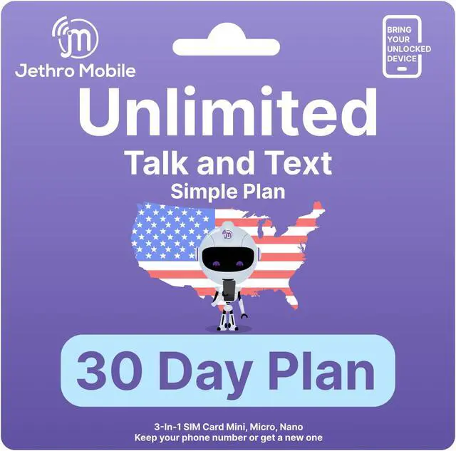 Main image of Jethro Mobile [30 Days] USA Prepaid Sim Card with Unlimited Talk & Text, no Data - Nano Micro Standard 3 in 1 Activation Kit