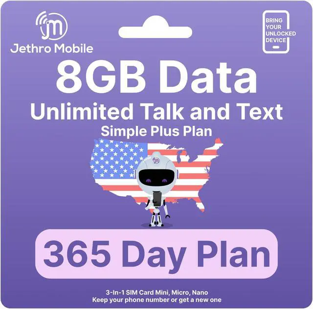 Main image of Jethro Mobile [365 Days] USA Prepaid Sim Card with Unlimited Talk & Text, 8GB Data - Nano Micro Standard 3 in 1 Activation Kit