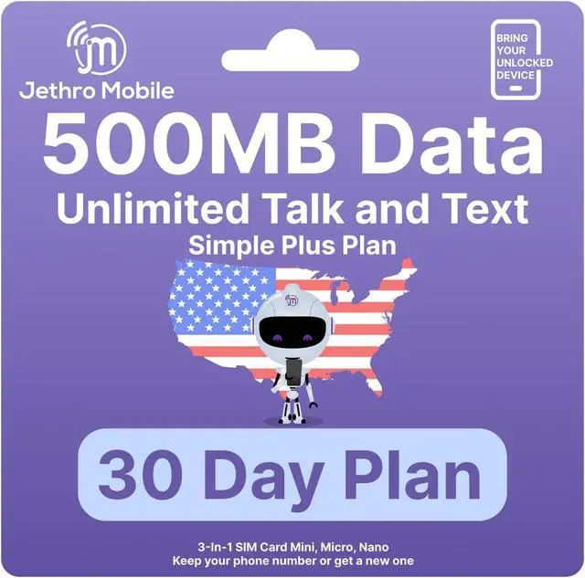 Main image of Jethro Mobile [30 Days] USA Prepaid Sim Card with Unlimited Talk & Text, 500MB Data - Nano Micro Standard 3 in 1 Activation Kit