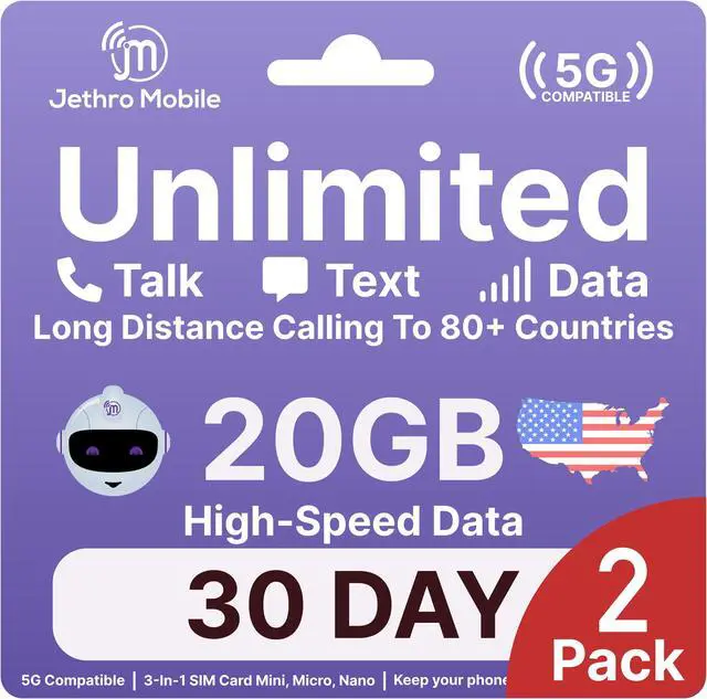 Main image of Jethro Mobile 20GB Smartphone Plan, Unlimited Talk & Text - 30 Days (2 Pack)