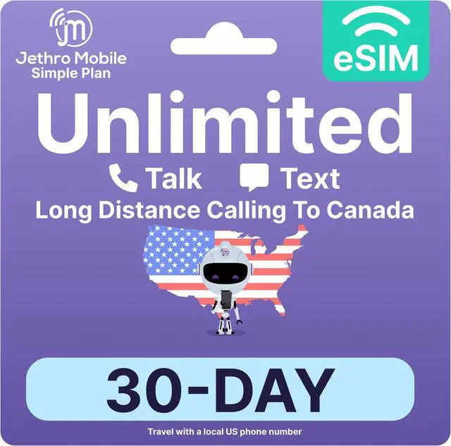 Main image of Jethro Mobile - eSIM USA for Canadian Travelers, Unlimited Talk & Text, Uses T-Mobile Network, 30 Days Service with Easy Activation and International Calling to Canada