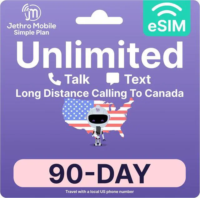 Main image of Jethro Mobile - eSIM USA for Canadian Travelers, Unlimited Talk & Text, Uses T-Mobile Network, 90 Days Service with Easy Activation and International Calling to Canada