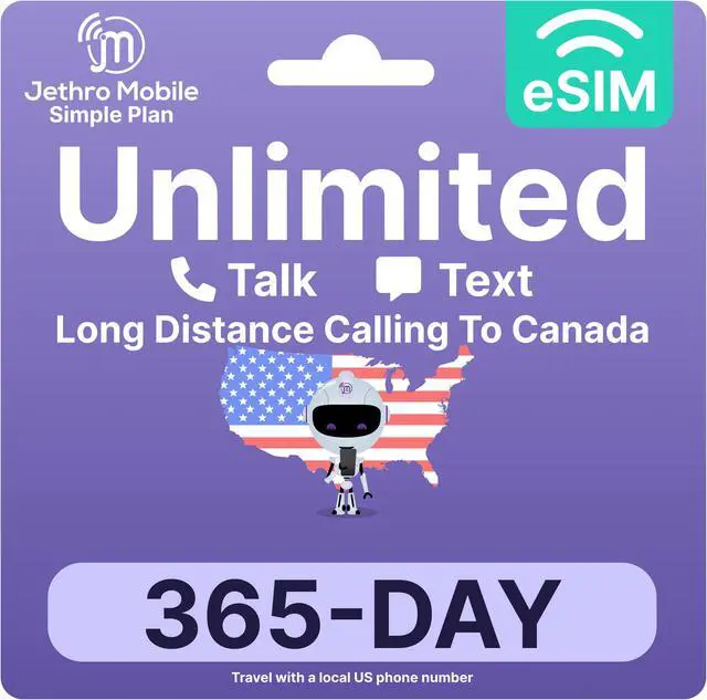 Main image of Jethro Mobile - eSIM USA for Canadian Travelers, Unlimited Talk & Text, Uses T-Mobile Network, 365 Days Service with Easy Activation and International Calling to Canada