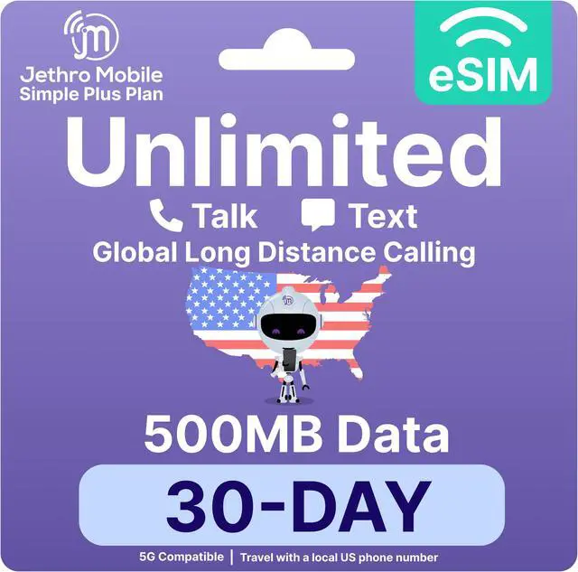 Main image of Jethro Mobile - eSIM USA for Canadian Travelers, Unlimited Talk, Text, 500MB High-Speed Data, Uses T-Mobile Network, 30 Days Service with Easy Activation & International Calling to Canada
