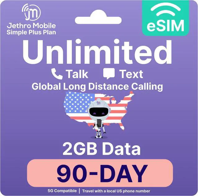 Main image of Jethro Mobile - eSIM USA for Canadian Travelers, Unlimited Talk, Text, 2GB High-Speed Data, Uses T-Mobile Network, 90 Days Service with Easy Activation & International Calling to Canada