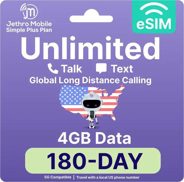 Main image of Jethro Mobile - eSIM USA for Canadian Travelers, Unlimited Talk, Text, 4GB High-Speed Data, Uses T-Mobile Network, 180 Days Service with Easy Activation & International Calling to Canada