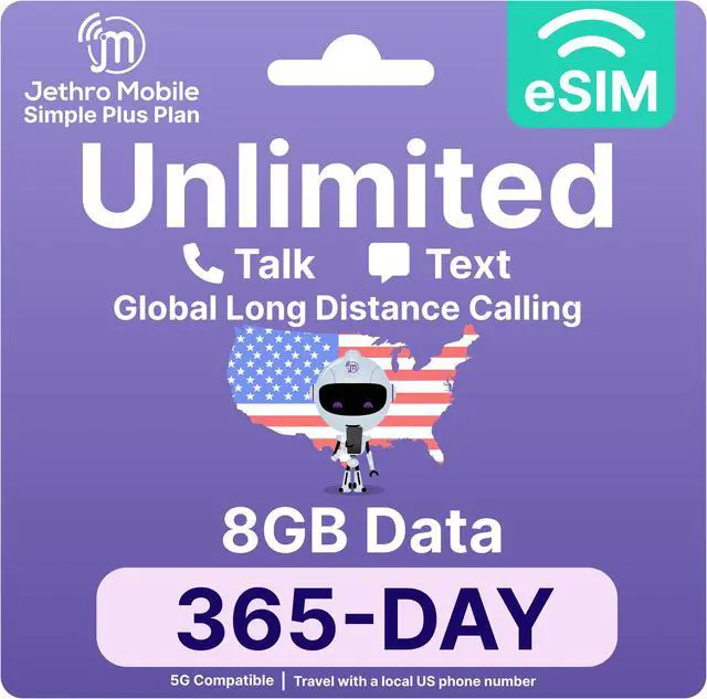 Main image of Jethro Mobile - eSIM USA for Canadian Travelers, Unlimited Talk, Text, 8GB High-Speed Data, Uses T-Mobile Network, 365 Days Service with Easy Activation & International Calling to Canada