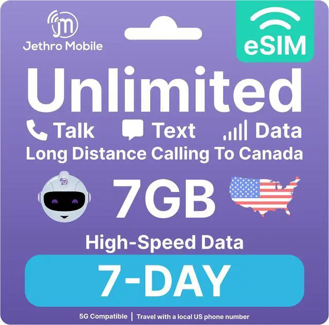 Main image of eSIM USA - 7 Days Unlimited Talk, Text, & Data, 7GB High-Speed Data, Easy Activation, International Calling to Canada, Mobile Hotspot, Uses T-Mobile, Jethro Mobile