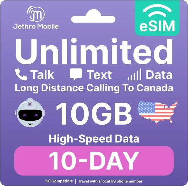 Main image of eSIM USA - 10 Days Unlimited Talk, Text, & Data, 10GB High-Speed Data, Easy Activation, International Calling to Canada, Mobile Hotspot, Uses T-Mobile, Jethro Mobile
