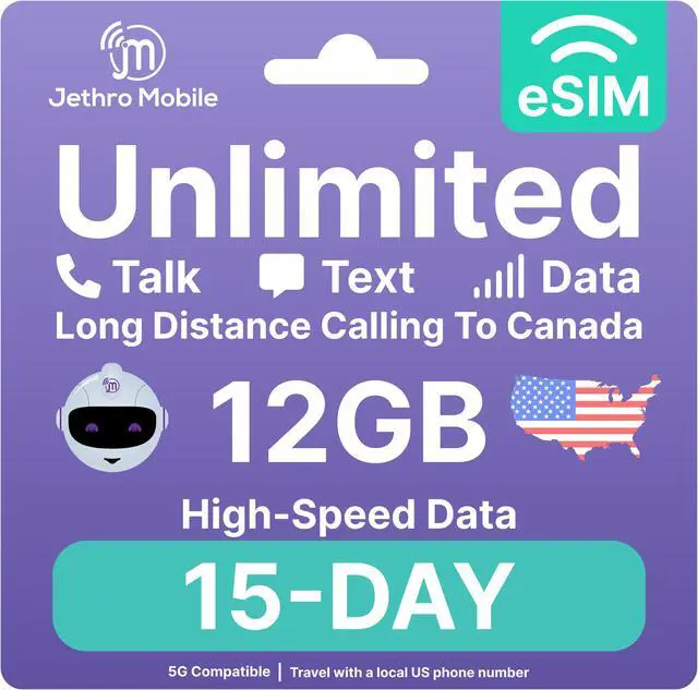 Main image of eSIM USA - 15 Days Unlimited Talk, Text, & Data, 12GB High-Speed Data, Easy Activation, International Calling to Canada, Mobile Hotspot, Uses T-Mobile, Jethro Mobile