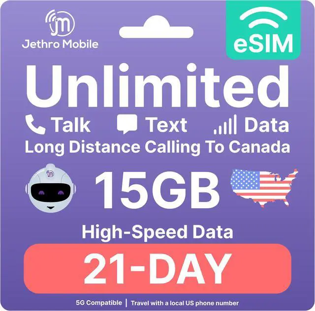 Main image of eSIM USA - 21 Days Unlimited Talk, Text, & Data, 15GB High-Speed Data, Easy Activation, International Calling to Canada, Mobile Hotspot, Uses T-Mobile, Jethro Mobile