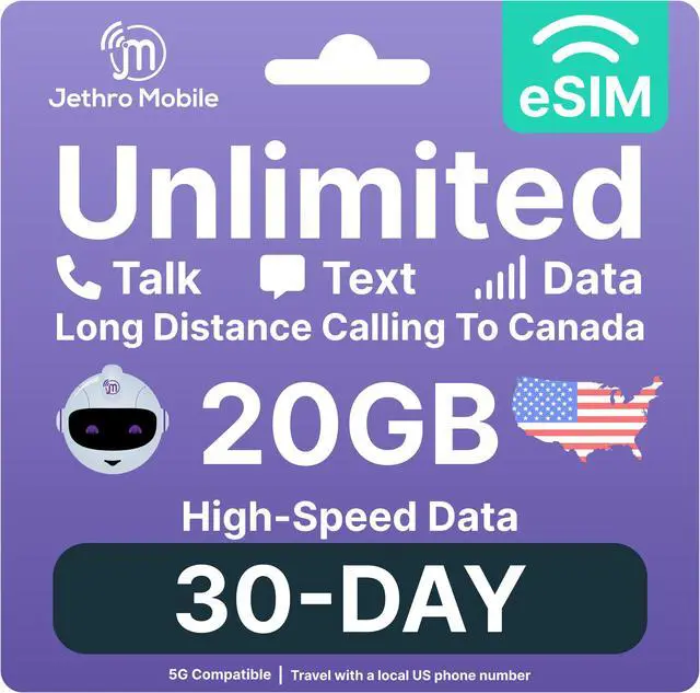 Main image of eSIM USA - 30 Days Unlimited Talk, Text, & Data, 20GB High-Speed Data, Easy Activation, International Calling to Canada, Mobile Hotspot, Uses T-Mobile, Jethro Mobile