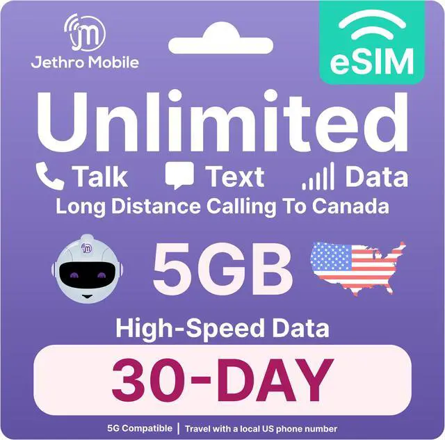 Main image of Jethro Mobile - eSIM USA (30 Days), 5GB High-Speed Data, Unlimited Talk, Text, & Data, Mobile Hotspot, Phone Plan for Canadian Travelers to the US, International Calling to Canada Included (1 Month)