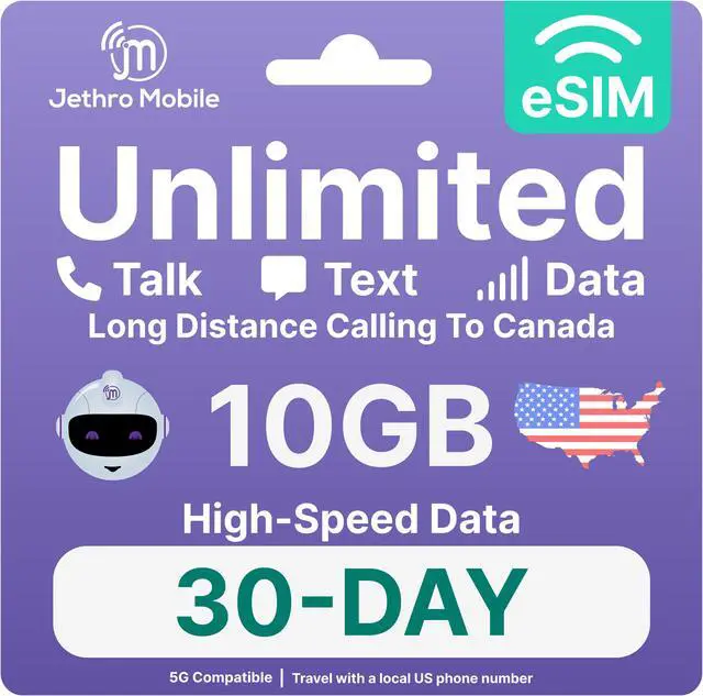 Main image of Jethro Mobile - eSIM USA (30 Days), 10GB High-Speed Data, Unlimited Talk, Text, & Data, Mobile Hotspot, Phone Plan for Canadian Travelers to the US, International Calling to Canada Included (1 Month)