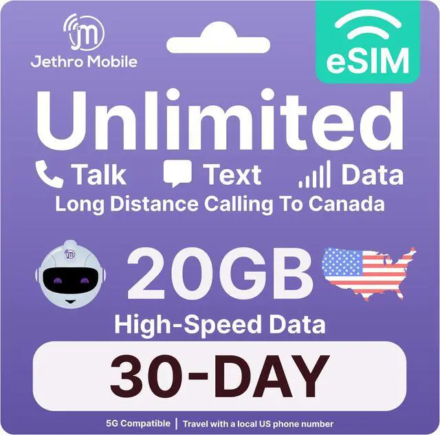 Main image of Jethro Mobile - eSIM USA (30 Days), 20GB High-Speed Data, Unlimited Talk, Text, & Data, Mobile Hotspot, Phone Plan for Canadian Travelers to the US, International Calling to Canada Included (1 Month)