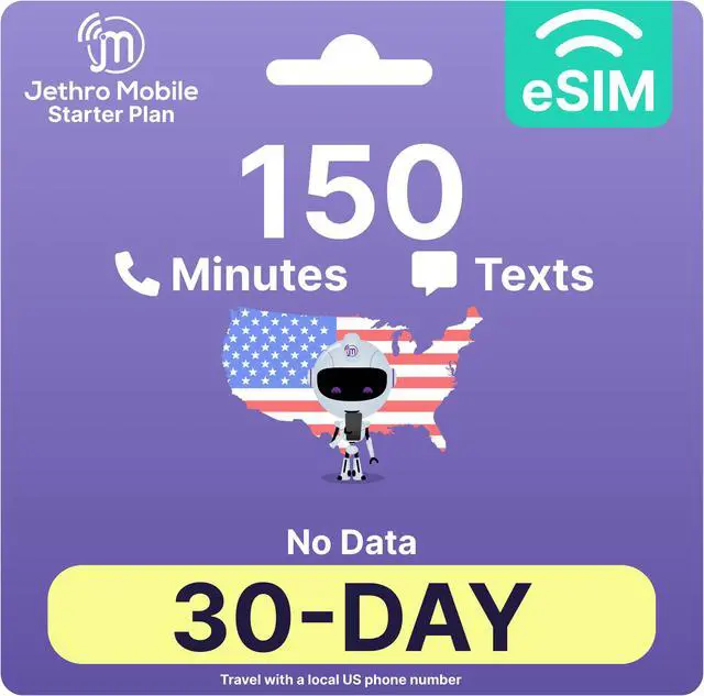 Main image of Jethro Mobile eSIM USA - 150 Talk & 150 Texts, Local US Phone Number, Quick & Convenient Activation, 30 Days for Canadian Travelers