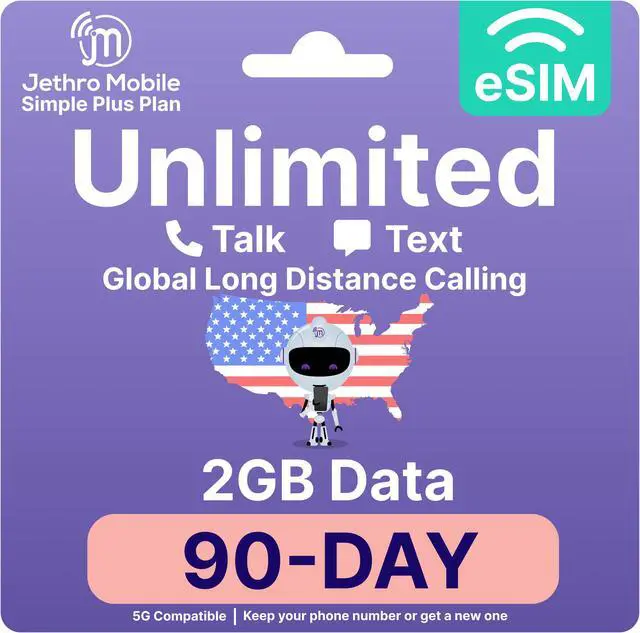 Alt view image 7 of 11 - Jethro Mobile - eSIM USA for Canadian Travelers, Unlimited Talk, Text, 2GB High-Speed Data, Uses T-Mobile Network, 90 Days Service with Easy Activation & International Calling to Canada