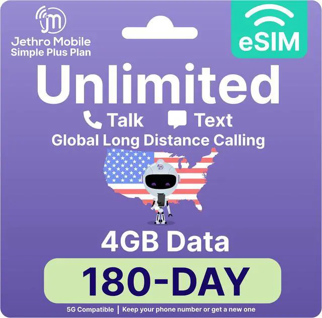 Alt view image 7 of 13 - Jethro Mobile - eSIM USA for Canadian Travelers, Unlimited Talk, Text, 4GB High-Speed Data, Uses T-Mobile Network, 180 Days Service with Easy Activation & International Calling to Canada