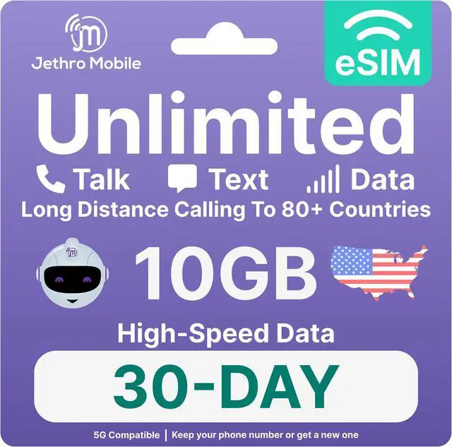Alt view image 6 of 12 - Jethro Mobile - eSIM USA (30 Days), 10GB High-Speed Data, Unlimited Talk, Text, & Data, Mobile Hotspot, Phone Plan for Canadian Travelers to the US, International Calling to Canada Included (1 Month)