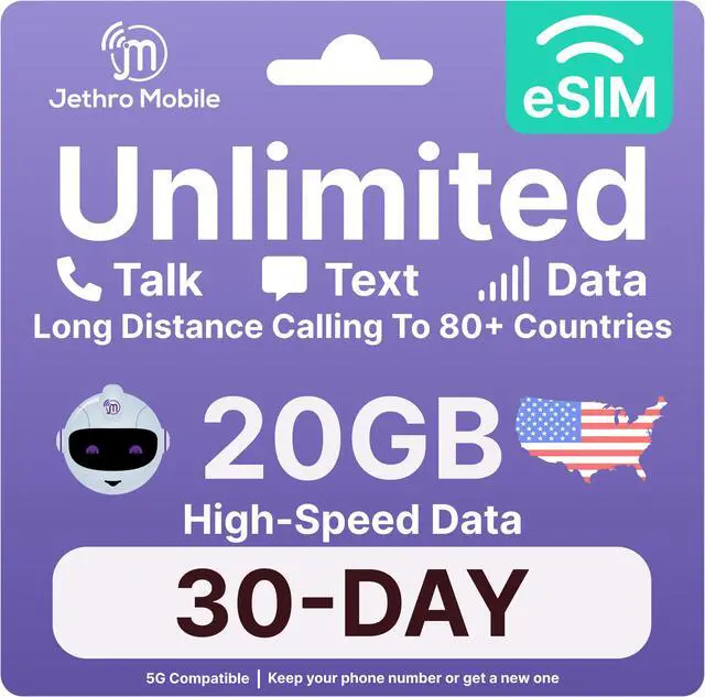 Alt view image 7 of 13 - Jethro Mobile - eSIM USA (30 Days), 20GB High-Speed Data, Unlimited Talk, Text, & Data, Mobile Hotspot, Phone Plan for Canadian Travelers to the US, International Calling to Canada Included (1 Month)