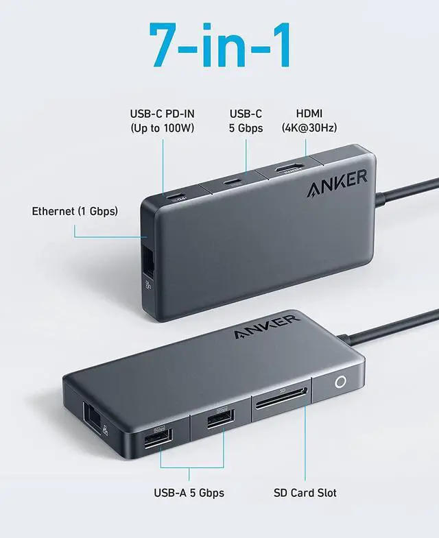 Alt view image 2 of 6 - USB-C Hub (7-in-1 4K HDMI) with 3 5Gbps USB-C and USB-A Data Ports Max 100W Power Delivery 4K HDMI Display Ethernet for   XPS HP Laptops MacBook Ipad and More