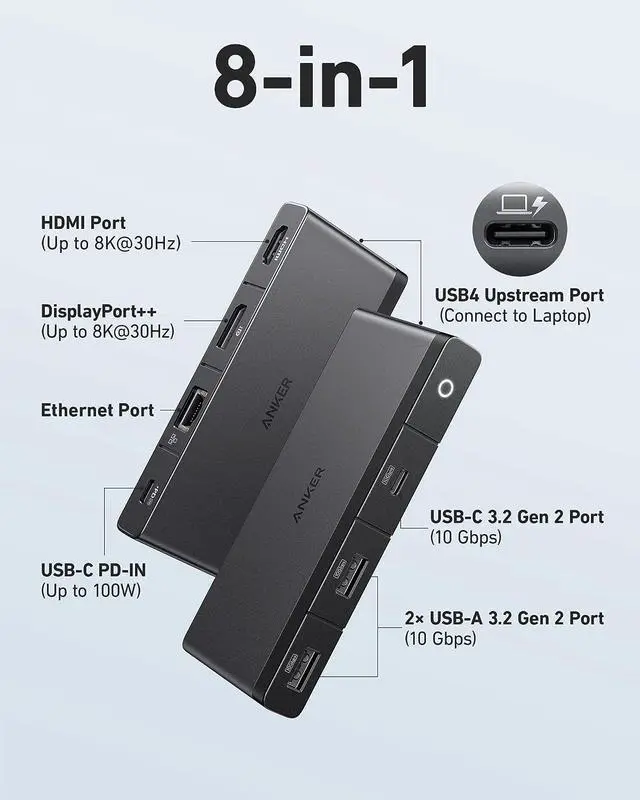 Alt view image 2 of 6 - Anker USB C Hub, 556 USB-C Hub (USB4, 8-in-1) with 1.6ft USB4 Cable, 10 Gbps USB-C and USB-A Data Ports, 8K HDMI and DisplayPort, for Microsoft Surface Pro 8, HP EliteBook 850 G8, and More (Black)