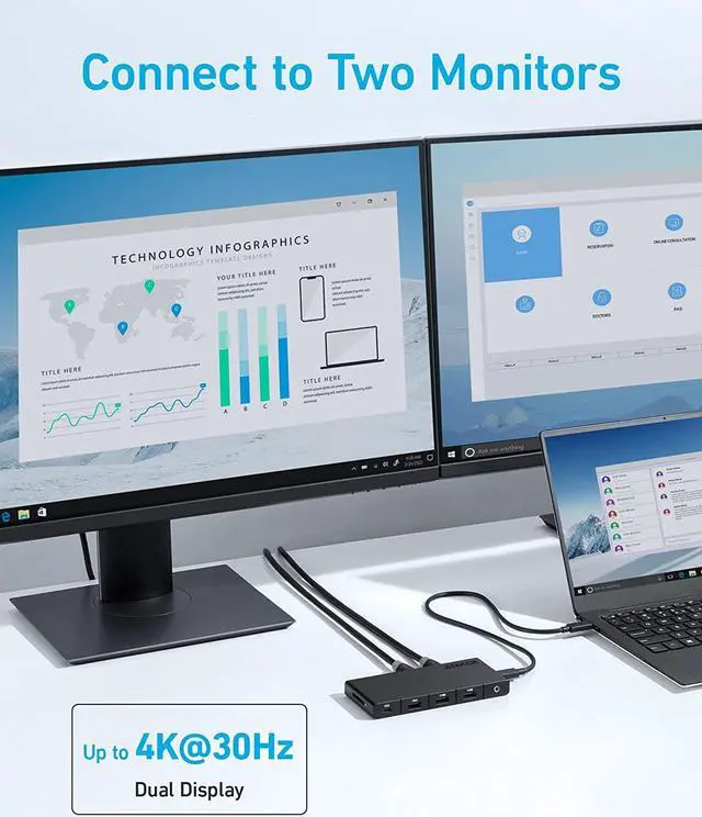 Alt view image 3 of 7 - 364 USB C Hub (10-in-1 Dual 4K HDMI) with Max 100W Power Delivery Dual 4K HDMI Ports 4 USB-C & A Data Ports Ethernet and SD Card Slot for  Laptop ThinkPad and More
