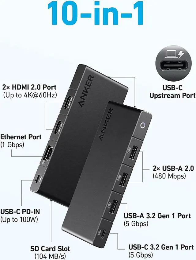 Alt view image 2 of 6 - Anker 364 USB C Hub (10-in-1, Dual 4K HDMI) with Max 100W Power Delivery, Dual 4K@60Hz HDMI Ports, 4 USB-A and USB-C Data Ports, Ethernet and SD Card Slot for Dell Laptop, ThinkPad, and More