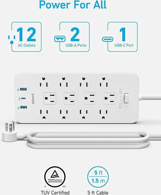 Alt view image 2 of 6 - Anker Power Strip Surge Protector (2100J), 12 Outlets with 2 USB A and 1 USB C Port for Multiple Devices, 5ft Extension Cord, 20W Power Delivery Charging for Home, Office, Dorm Essential, TUV Listed