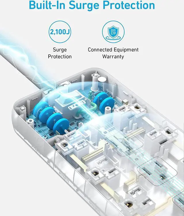 Alt view image 4 of 6 - Anker Power Strip Surge Protector (2100J), 12 Outlets with 2 USB A and 1 USB C Port for Multiple Devices, 5ft Extension Cord, 20W Power Delivery Charging for Home, Office, Dorm Essential, TUV Listed