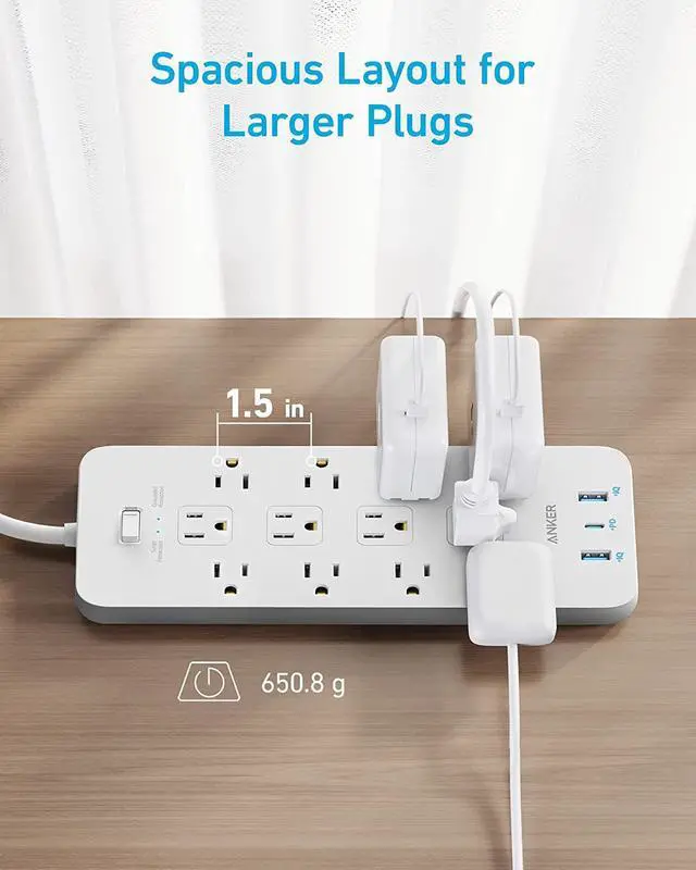 Alt view image 5 of 6 - Anker Power Strip Surge Protector (2100J), 12 Outlets with 2 USB A and 1 USB C Port for Multiple Devices, 5ft Extension Cord, 20W Power Delivery Charging for Home, Office, Dorm Essential, TUV Listed