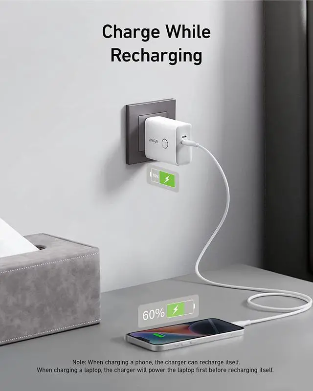 Alt view image 3 of 6 - Anker 45W Wall Charger with 5,000mAh 20W Portable Charger, 521 Power Bank (PowerCore Fusion), Dual-Port USB-C for iPhone 14/13 Series, iPad Pro, AirPods, Apple Watch