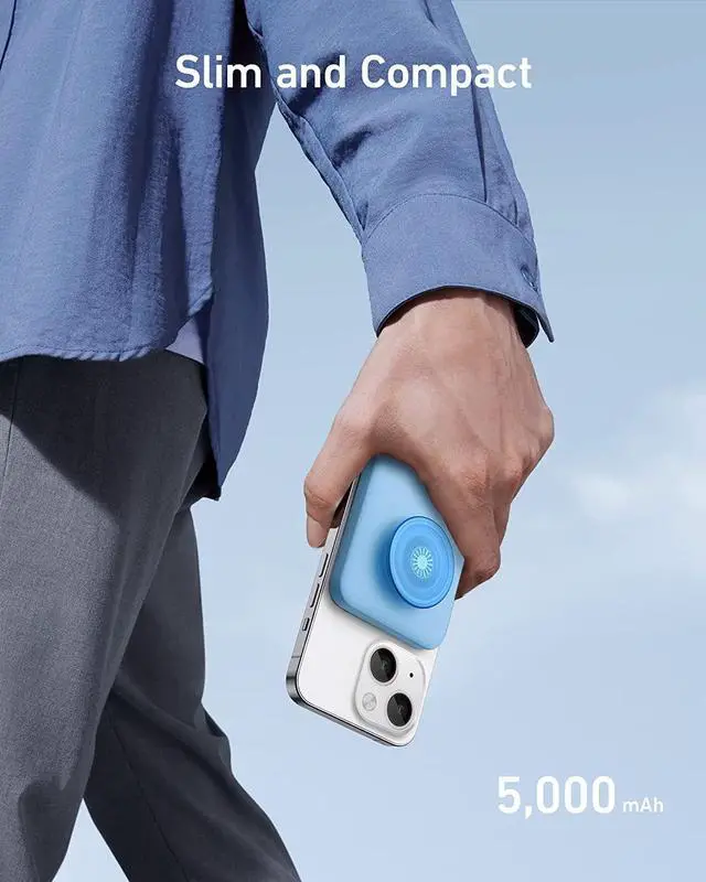 Alt view image 5 of 7 - Anker 622 Magnetic Battery (MagGo with PopSockets Grip), 5,000mAh Portable Charger with Swappable PopGrip and Stand, USB-C for iPhone 14/13/12 Series (Blue)